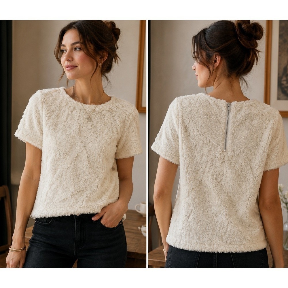 Leifsdottir Ivory Faux Fur Textured Top Womens M Anthropologie Zip Back Lined
